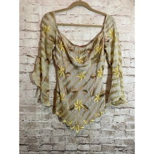 Aftershock Silk Babydoll Top Medium Sequin Floral Bell Sleeve Y2K Boho Fairy